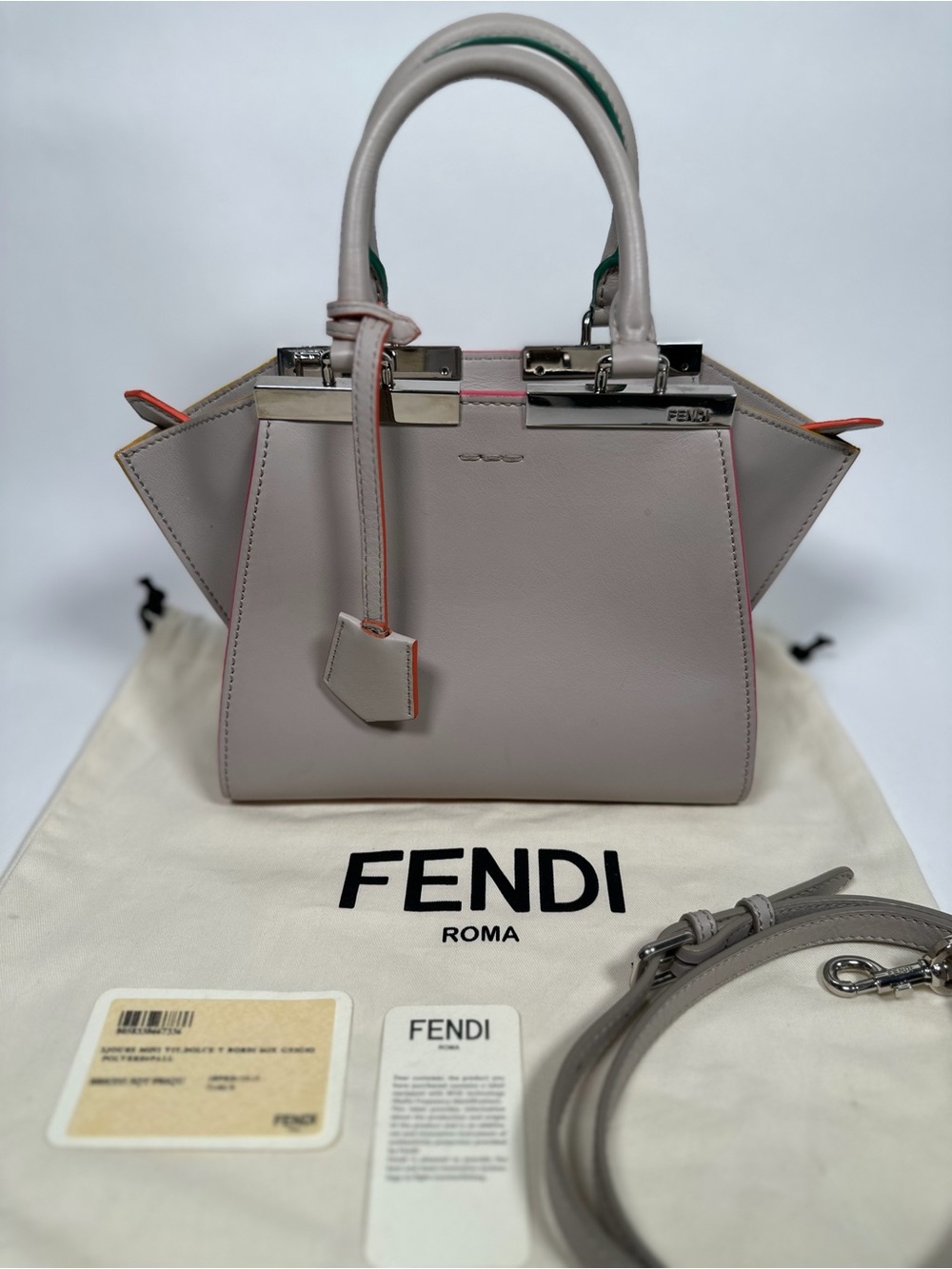 Fendi Small Top-Handle Satchel in Light Gray with Pink and Orange Trim